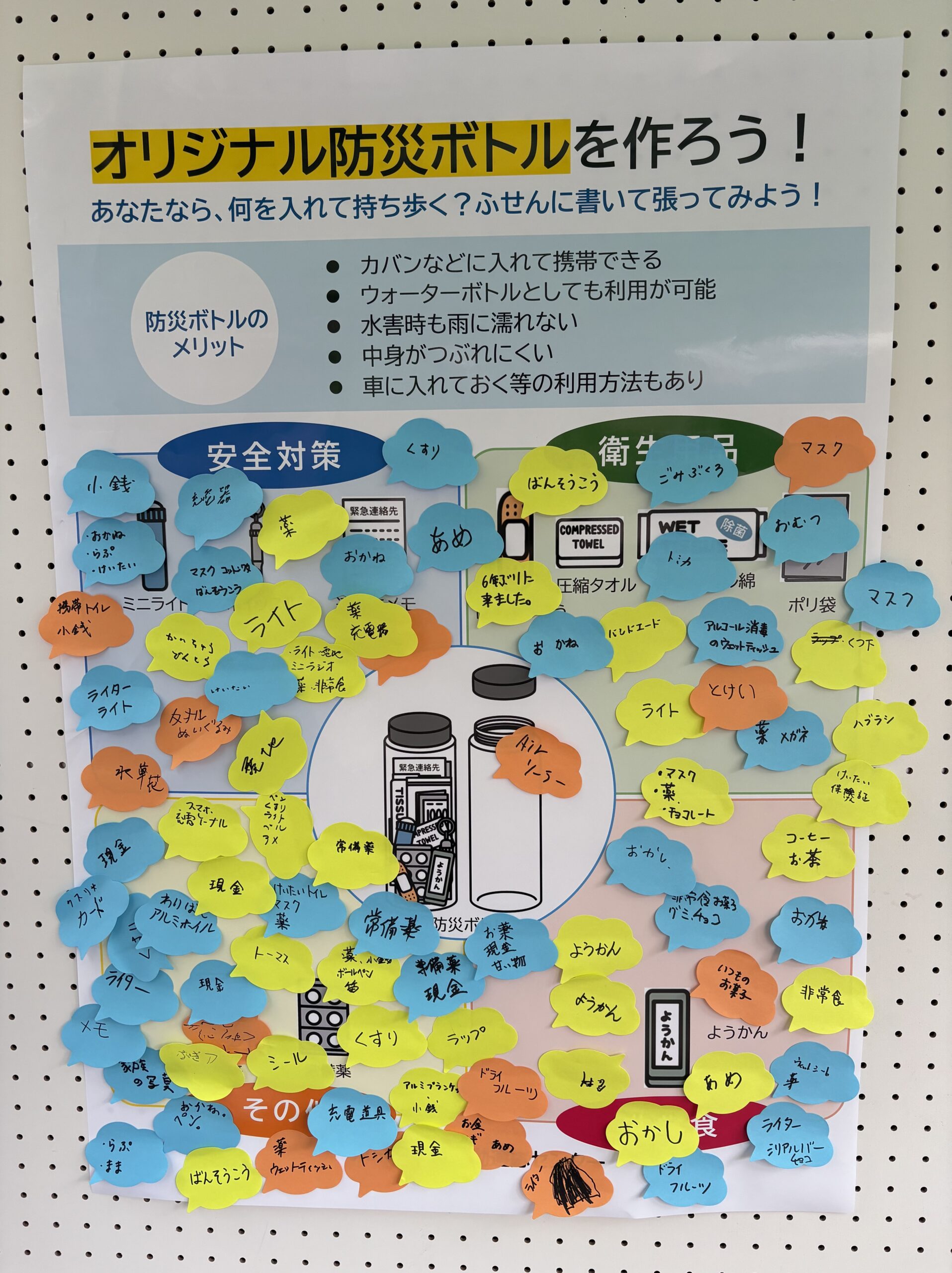 防災ボトルに入れたいものを書いたふせんがたくさん貼られている写真。